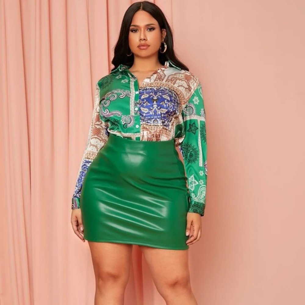 SHEIN BAE plus scarf print satin shirt